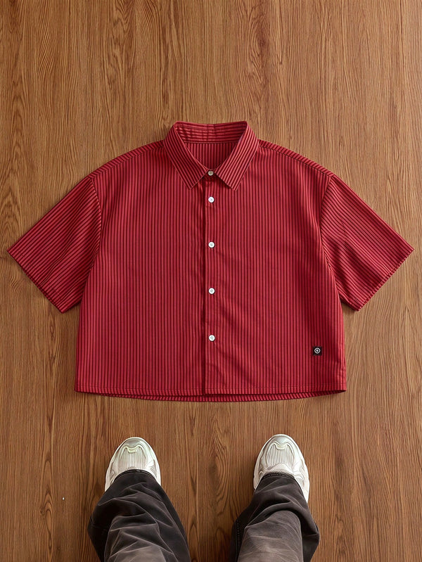 SWAVVY Men's Single-Breasted Polyester-Spandex Woven Yarn-Dyed Red And Black Striped Short Sleeve Shirt